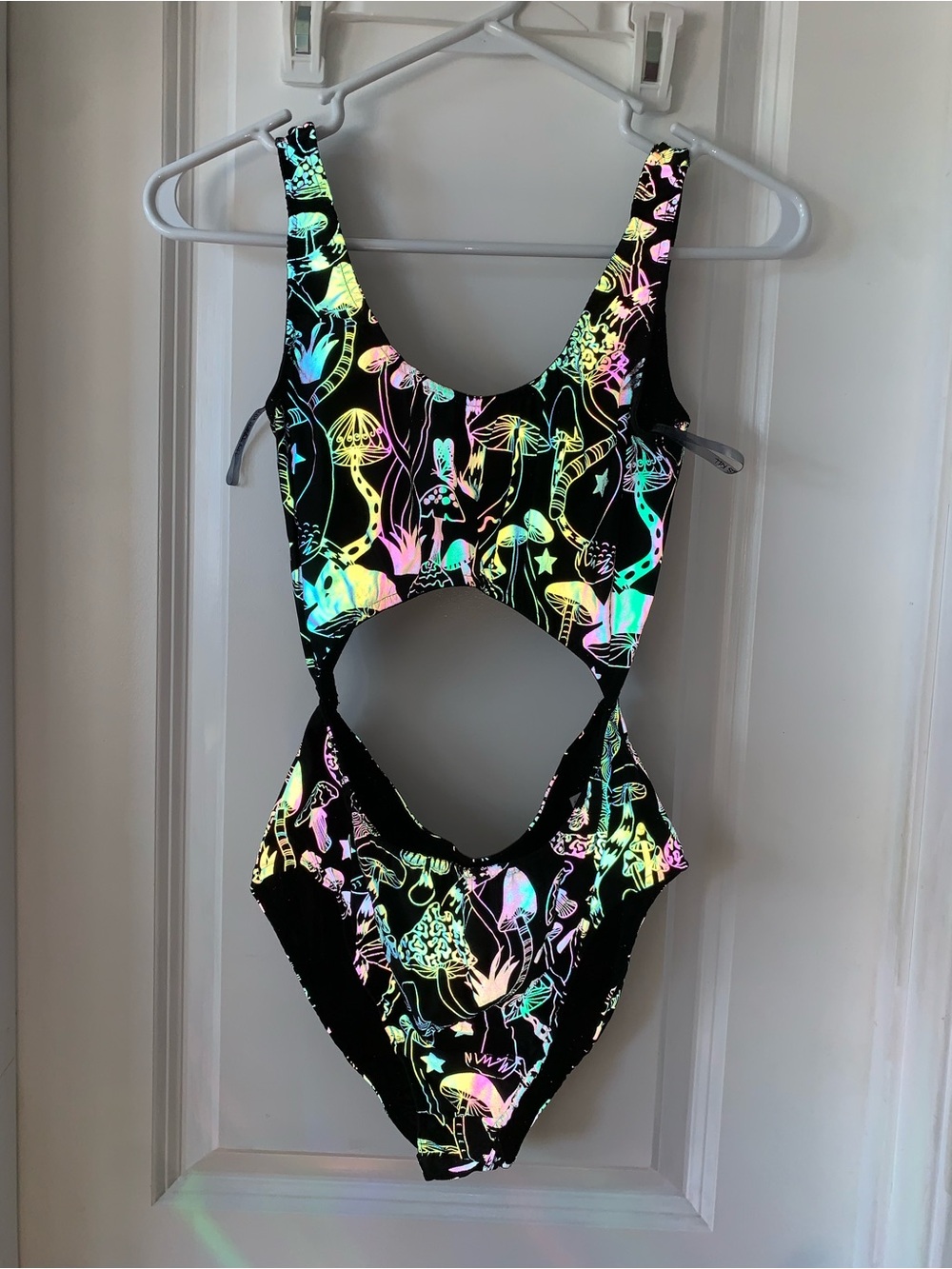ClubExx Reflective Black Cut-Out One-Piece Bodysuit with Neon Mushroom Print
